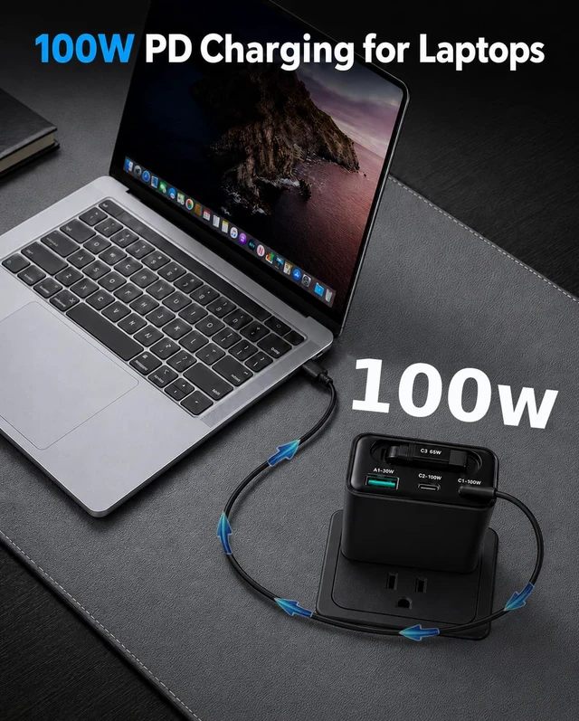 Alt view image 2 of 7 - Fzrer 100W GaN USB C Fast Wall Charger with Retractable Cable | Built-in 65W 2.3FT Type-C Charging Cable, Dual 100W Type C + 30W USB Port with 3.3FT Long 100W Type C Charger Cable