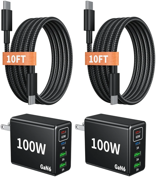 Main image of 100W Fast USB C Charger Block, 4 Port Type C Charger Fast Charging Station | 2 Pack 2 USB C 2 USB Afor iPhone 18 Pro Max/Duo/17,Galaxy S26/S25 Ultra,iPad 65 Watt GaN Wall Charger with10FT Cable