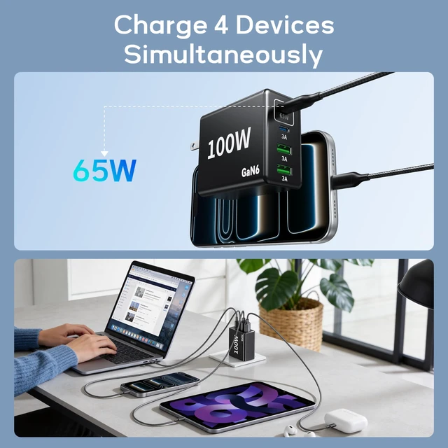 Alt view image 5 of 6 - 100W Fast USB C Charger Block, 4 Port Type C Charger Fast Charging Station | 2 Pack 2 USB C 2 USB Afor iPhone 18 Pro Max/Duo/17,Galaxy S26/S25 Ultra,iPad 65 Watt GaN Wall Charger with10FT Cable
