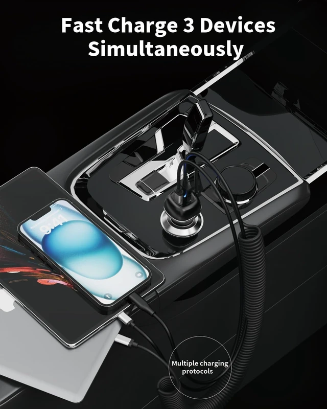 Alt view image 2 of 7 - SUNDAREE 96W USB C Car Charger Three Port Cigarette Lighter Adapter PD 45W PPS33W & QC3.0 18W 6ft Type C Coiled Cable Fast Charging iPhone 18/17/16/15 Smartphones S26/S25/S24 Android ipad