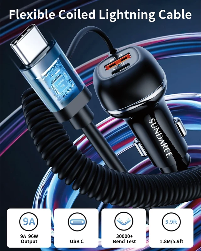 Alt view image 3 of 7 - SUNDAREE 96W USB C Car Charger Three Port Cigarette Lighter Adapter PD 45W PPS33W & QC3.0 18W 6ft Type C Coiled Cable Fast Charging iPhone 18/17/16/15 Smartphones S26/S25/S24 Android ipad