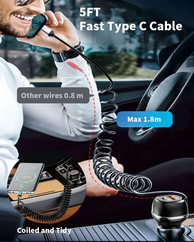 Alt view image 4 of 7 - SUNDAREE 96W USB C Car Charger Three Port Cigarette Lighter Adapter PD 45W PPS33W & QC3.0 18W 6ft Type C Coiled Cable Fast Charging iPhone 18/17/16/15 Smartphones S26/S25/S24 Android ipad