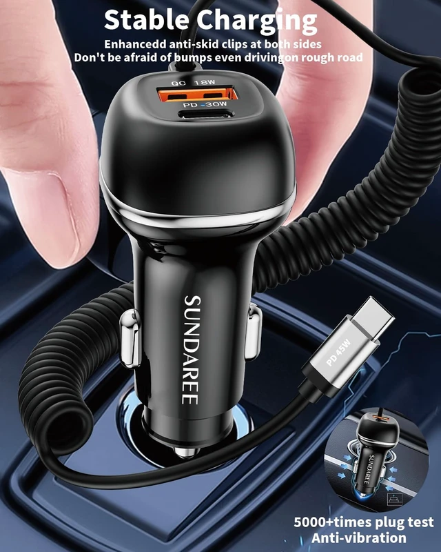 Alt view image 7 of 7 - SUNDAREE 96W USB C Car Charger Three Port Cigarette Lighter Adapter PD 45W PPS33W & QC3.0 18W 6ft Type C Coiled Cable Fast Charging iPhone 18/17/16/15 Smartphones S26/S25/S24 Android ipad