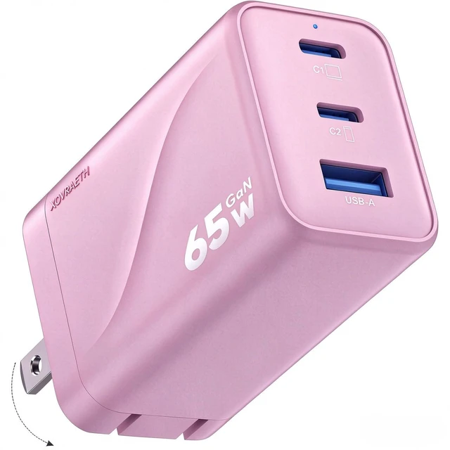 Main image of XOVRAETH 65W GaN USB C Wall Charger Block Pink, 3-Port Type C Fast Charger, Compact Foldable Power Adapter for iPhone 18/17/16, MacBook, iPad, Samsung Galaxy S26/S25, Pixel, Switch, Laptop