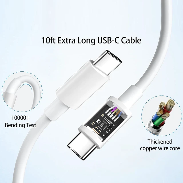 Alt view image 5 of 7 - USB C Charger for Apple iPad iPhone 16 15 AirPods 4, 20w Type C Blcok 10ft Long USB C to C Cable Cord White 2Pack