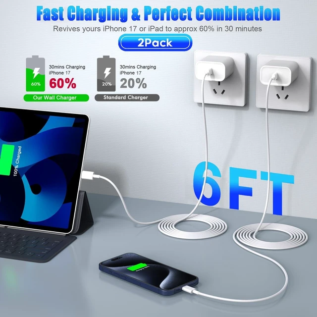 Alt view image 4 of 7 - iPhone 17 16 15 Fast Charger, 2-Pack 20W USB C Wall Charger Plug with 6FT Type C High-Speed Fast Charging Cable for Apple iPhone 17 Pro Max/Pro/Air,iPhone 16/15 Pro Max/Pro/Plus/iPad Pro/Mini/AirPods