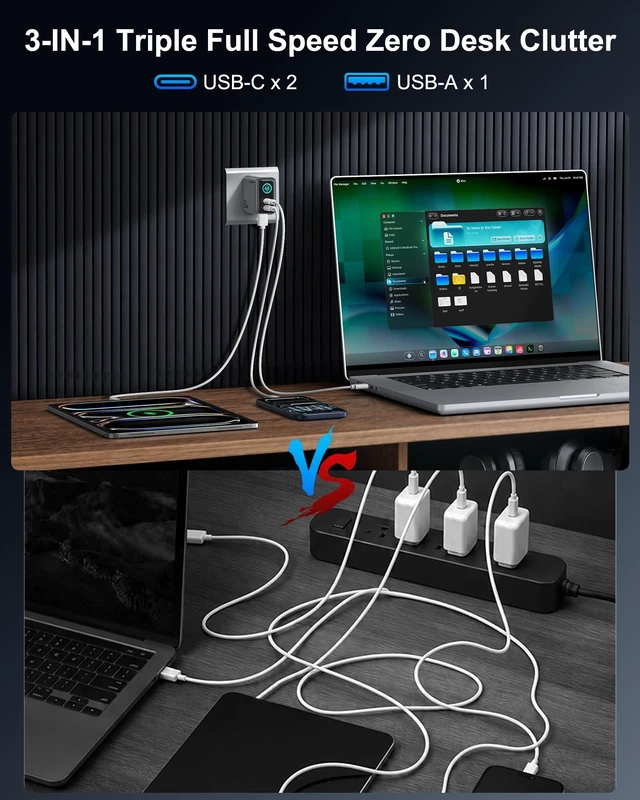 Alt view image 3 of 7 - ASPERX 65W USB C Charger Block, 3-Port Fast Charging Block, Smart Display | Foldable GaN Type C Charger for iPhone 18/17/16/15, MacBook Pro/Air, Galaxy S25/24/23/22, iPad, and More (Include 5FT Cable)