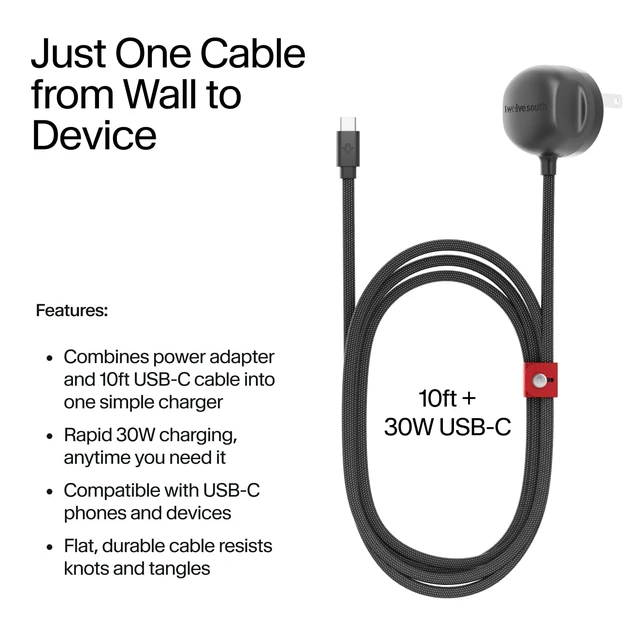 Alt view image 2 of 7 - Twelve South PowerCord All in One 30W USB-C Fast Charger, Slate, 10-ft | One Cable to Charge Your USB-C Devices, Simplifies Charging from Wall to Device, Fast Charger for iPhones, Tablets, Laptops