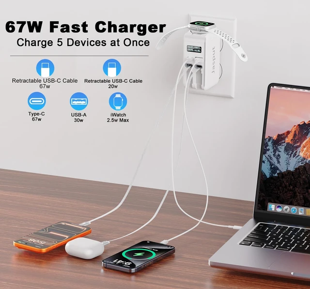 Alt view image 3 of 7 - 67W Retractable Phone Charger Wall Plug for Apple Watch iPhone 17 16 15 14 Smart Display,Foldable Plug,Built-in Cables,5 in 1 Retractable USB C Wall Charger Fast Charging for Galaxy 25 24,Pixel,iWatch