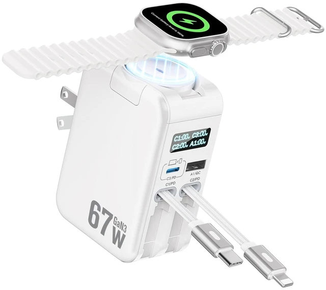 Main image of 67W Retractable Phone Charger Wall Plug for Apple Watch iPhone 17 16 15 14 Smart Display,Foldable Plug,Built-in Cables,5 in 1 Retractable USB C Wall Charger Fast Charging for Galaxy 25 24,Pixel,iWatch