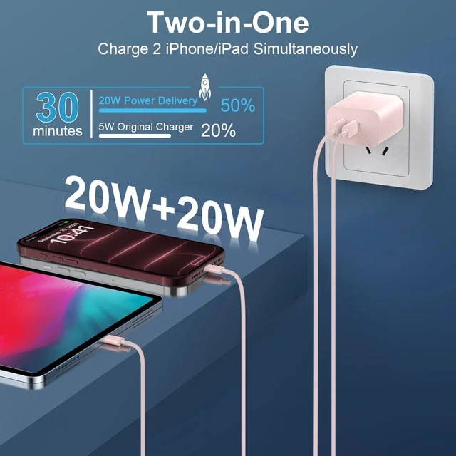 Alt view image 3 of 7 - Fast Charger Block, 20W Dual Port USB C Fast Charger Block with 6FT Long USB C to C Charging Cable Cord for iPhone 18 17 16 15 Pro Max/17 16 15 Pro/17 16 15/16 15 Plus-Pink