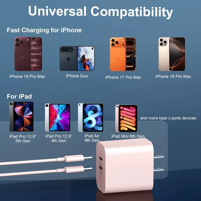Alt view image 5 of 7 - Fast Charger Block, 20W Dual Port USB C Fast Charger Block with 6FT Long USB C to C Charging Cable Cord for iPhone 18 17 16 15 Pro Max/17 16 15 Pro/17 16 15/16 15 Plus-Pink