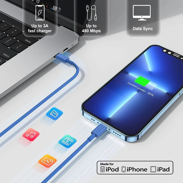 Alt view image 7 of 7 - Fast Charger for iPhone Charger Fast Charging 6ft Lightning Cable,for iPhone 14 13 12 Pro Max Charger Fast Charging with USB C Charger Block,Type C to Lightning Cord for iPhone 11 Pro Max/XS-Blue