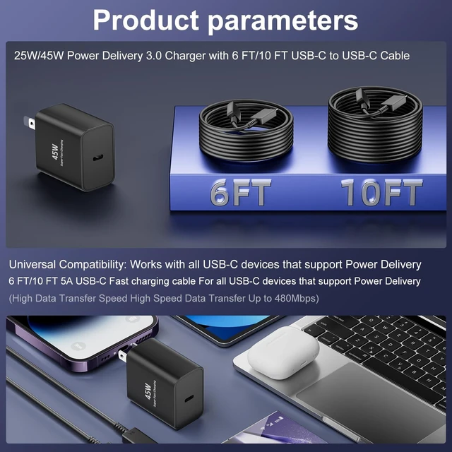 Alt view image 4 of 7 - 45W for Samsung Phone Charger,2 Pcs Super Fast Charging for iPhone 17/16/15,Type C Port Charger Block with 6FT+10FT USB C for Samsung S26 Ultra/S26/S26+/S25/S25 Ultra/S25+(45 W Black/White, 10FT)