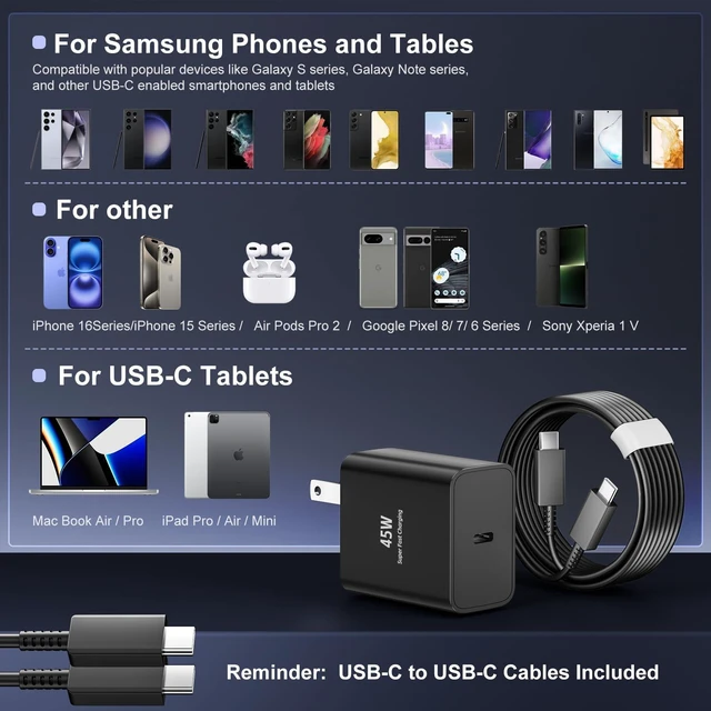 Alt view image 7 of 7 - 45W for Samsung Phone Charger,2 Pcs Super Fast Charging for iPhone 17/16/15,Type C Port Charger Block with 6FT+10FT USB C for Samsung S26 Ultra/S26/S26+/S25/S25 Ultra/S25+(45 W Black/White, 10FT)