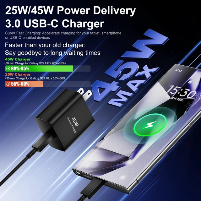 Alt view image 2 of 7 - 45W for Samsung Phone Charger,2 Pcs Super Fast Charging for iPhone 17/16/15,Type C Port Charger Block with 6FT+10FT USB C for Samsung S26 Ultra/S26/S26+/S25/S25 Ultra/S25+(45 W Black/White, 10FT)