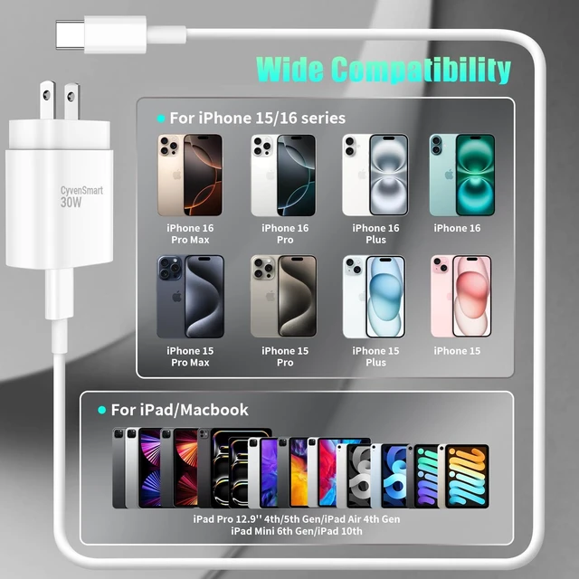 Alt view image 5 of 7 - USBC Charger Block for iPhone 16 15 Pro Max Plus Charger Fast Charging,30w Usb-C Fast Charger Adapter 6+6Ft USB Type C to USB C Cable for I Phone 16 15 ProMax Plus iPad Pro Air Mini-30 Watt Certified