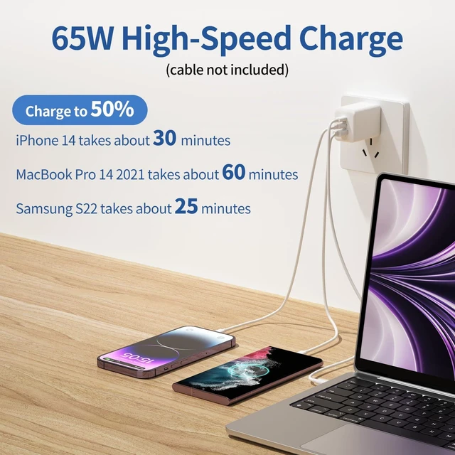 Alt view image 2 of 7 - VIKEN 3-Port Compact Foldable Fast Charger, 65W USB C Wall Charger Block | Type C Charger Fast Charging for MacBook Pro/Air, iPad Pro, Pixelbook, iPhone 17/16/Pro, Galaxy S23/S22, Note20 and More