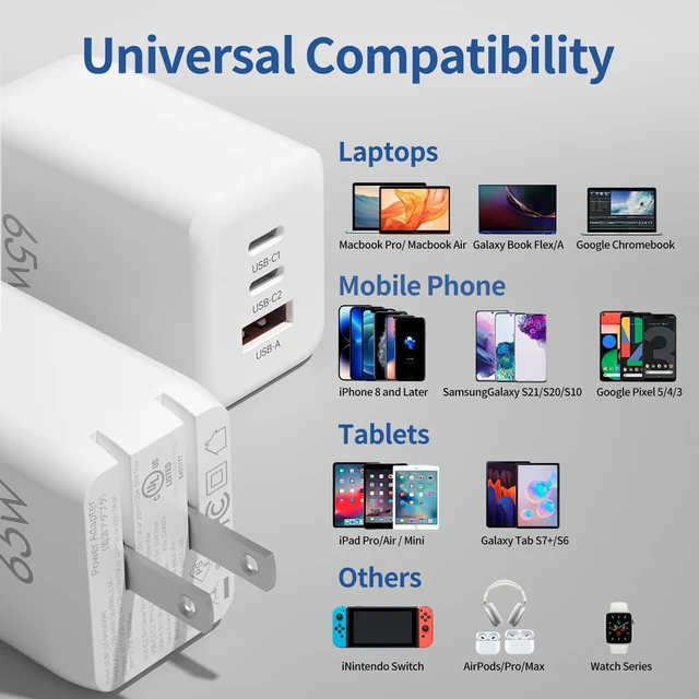 Alt view image 7 of 7 - VIKEN 3-Port Compact Foldable Fast Charger, 65W USB C Wall Charger Block | Type C Charger Fast Charging for MacBook Pro/Air, iPad Pro, Pixelbook, iPhone 17/16/Pro, Galaxy S23/S22, Note20 and More