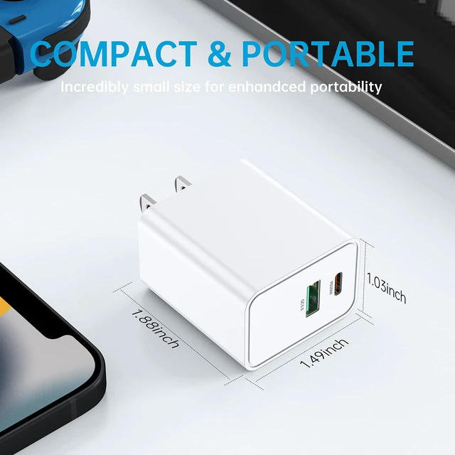 Alt view image 4 of 7 - USB C Wall Charger Block 20W, Dual Port USB-C Plug-in 20W PD & QC3.0 A Fast Charging for iPhone 14/13/12/11 /Pro Max, iPad Pro, AirPods Samsung Android Phones and More