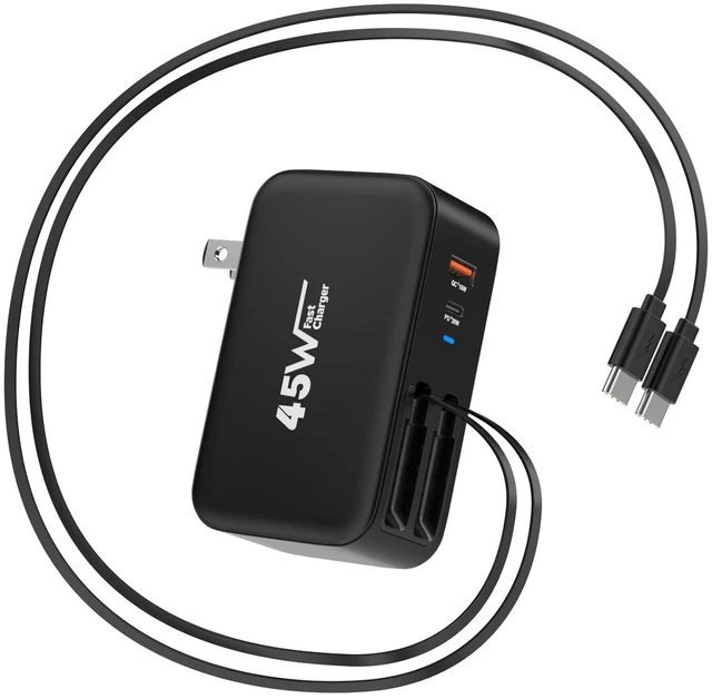 Main image of 4 in 1 Retractable Wall Charger Dual USB C Cable Plug,45W USBC Fast Retractable iPhone Charger Foldable Block Dual Port(USB C+USB A) with Dual USB C Cable Fast Charger for iPhone 17/16/15,iPad Pro/Air