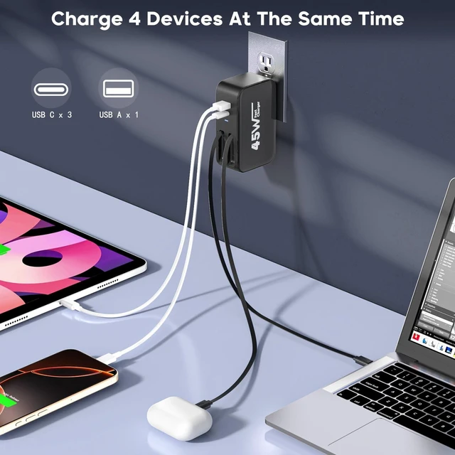 Alt view image 2 of 7 - 4 in 1 Retractable Wall Charger Dual USB C Cable Plug,45W USBC Fast Retractable iPhone Charger Foldable Block Dual Port(USB C+USB A) with Dual USB C Cable Fast Charger for iPhone 17/16/15,iPad Pro/Air