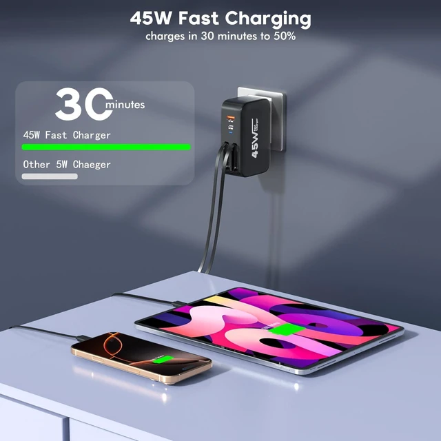 Alt view image 3 of 7 - 4 in 1 Retractable Wall Charger Dual USB C Cable Plug,45W USBC Fast Retractable iPhone Charger Foldable Block Dual Port(USB C+USB A) with Dual USB C Cable Fast Charger for iPhone 17/16/15,iPad Pro/Air