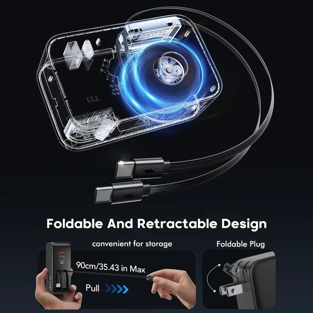 Alt view image 5 of 7 - 4 in 1 Retractable Wall Charger Dual USB C Cable Plug,45W USBC Fast Retractable iPhone Charger Foldable Block Dual Port(USB C+USB A) with Dual USB C Cable Fast Charger for iPhone 17/16/15,iPad Pro/Air