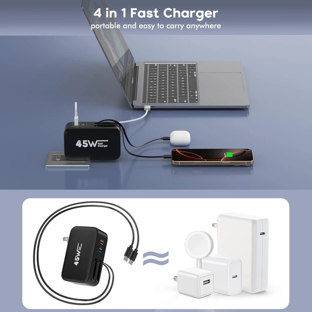 Alt view image 6 of 7 - 4 in 1 Retractable Wall Charger Dual USB C Cable Plug,45W USBC Fast Retractable iPhone Charger Foldable Block Dual Port(USB C+USB A) with Dual USB C Cable Fast Charger for iPhone 17/16/15,iPad Pro/Air