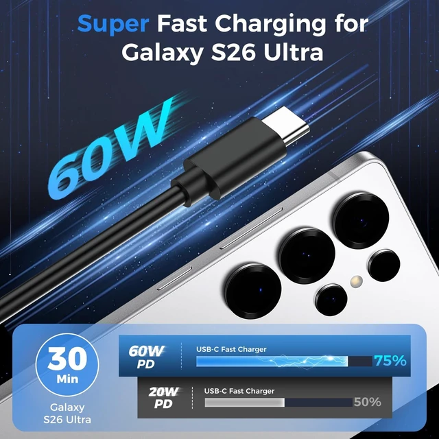 Alt view image 2 of 7 - 10FT Fast Charging Cord TypeC with 60W USBC Charger Block for Samsung Phone 10Feet USB Cable Type C Charger Fast Charging for Samsung Galaxy S26/S25/S24/S23/S22/S21/S20/S26 Ultra/Z Fold7/iPhone 17/16