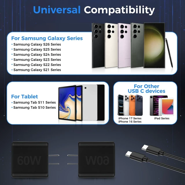 Alt view image 7 of 7 - 10FT Fast Charging Cord TypeC with 60W USBC Charger Block for Samsung Phone 10Feet USB Cable Type C Charger Fast Charging for Samsung Galaxy S26/S25/S24/S23/S22/S21/S20/S26 Ultra/Z Fold7/iPhone 17/16