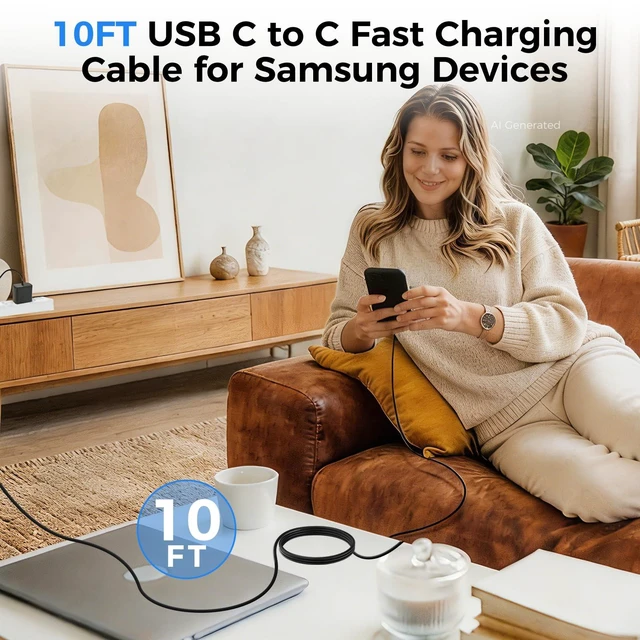 Alt view image 6 of 7 - 10FT Fast Charging Cord TypeC with 60W USBC Charger Block for Samsung Phone 10Feet USB Cable Type C Charger Fast Charging for Samsung Galaxy S26/S25/S24/S23/S22/S21/S20/S26 Ultra/Z Fold7/iPhone 17/16