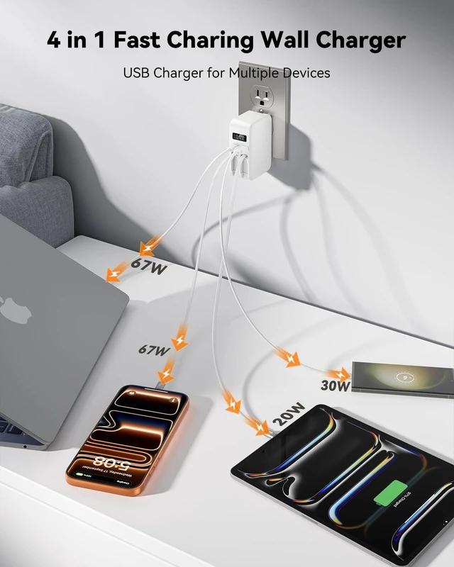 Alt view image 4 of 7 - SUPERONE 67W Retractable Wall Charger with 3.3ft Nylon USB C & Apple Cables | Smart Display, Fast Charging, 4 in 1 Retractable Charger, Foldable Plug, Travel, for MacBook/Samsung/iPhone 17 16 15 14