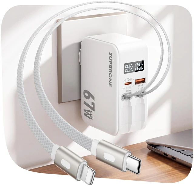 Main image of SUPERONE 67W Retractable Wall Charger with 3.3ft Nylon USB C & Apple Cables | Smart Display, Fast Charging, 4 in 1 Retractable Charger, Foldable Plug, Travel, for MacBook/Samsung/iPhone 17 16 15 14