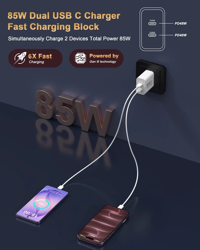 Alt view image 2 of 7 - USB C Charging Blocks, 85W Dual USBC Wall Charger Fast Charging Plug Cube | 85W Dual USB C Fast Charger Block Type C Phone Charging Brick for iPhone Duo/18 Pro/18 Pro Max/17 16 15 14 13 Pro Max, iPad