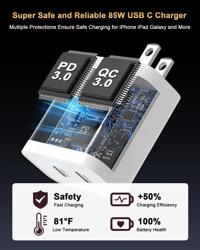 Alt view image 6 of 7 - USB C Charging Blocks, 85W Dual USBC Wall Charger Fast Charging Plug Cube | 85W Dual USB C Fast Charger Block Type C Phone Charging Brick for iPhone Duo/18 Pro/18 Pro Max/17 16 15 14 13 Pro Max, iPad