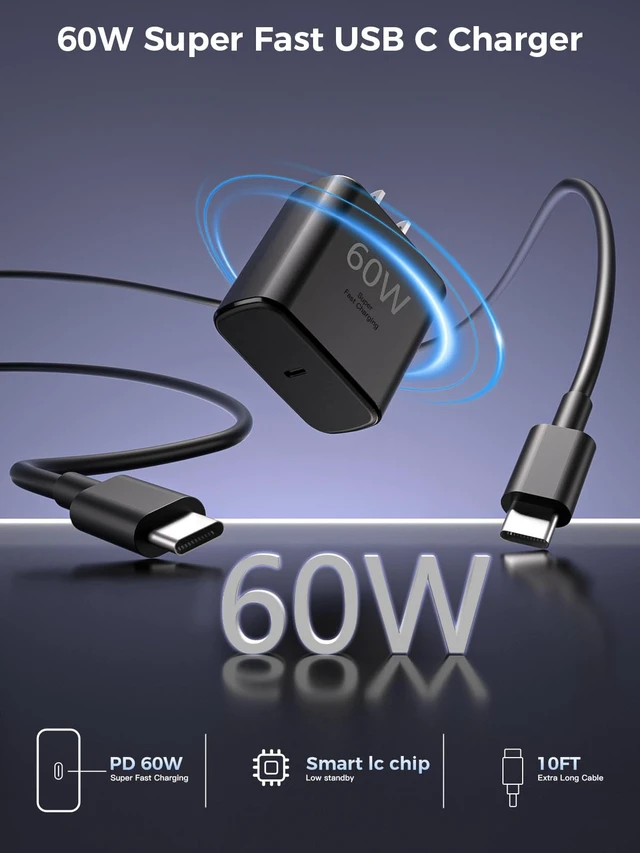 Alt view image 2 of 7 - 60W USB C Charger Fast Charging with 10Foot Extra Long USB C Charging Cable | 2Pack USBC Block with Charger Cord Type-C for Samsung Galaxy Z Fold8/Z Flip8/S26 Ultra/S26/S26+/S25 Ultra/S25/S24/S23/S22/