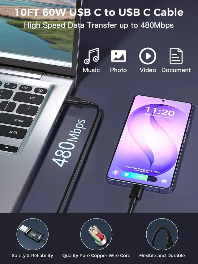 Alt view image 4 of 7 - 60W USB C Charger Fast Charging with 10Foot Extra Long USB C Charging Cable | 2Pack USBC Block with Charger Cord Type-C for Samsung Galaxy Z Fold8/Z Flip8/S26 Ultra/S26/S26+/S25 Ultra/S25/S24/S23/S22/