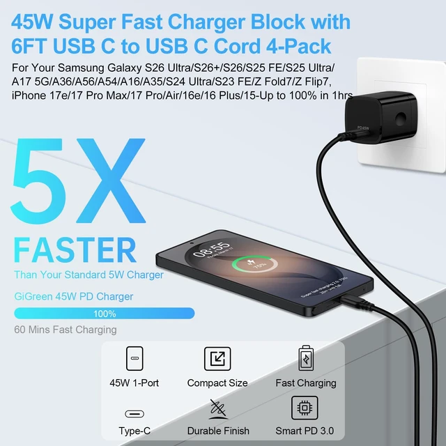 Alt view image 2 of 7 - 45W Super Fast Charger for Samsung Galaxy Z Fold 8 Ultra 7 6/Z Flip 8 7 FE A37/S26 Ultra/A36/S25 FE/A17/A16,Moto Razr+2026 Edge 70 Pro+ G Stylus 2026,USB Type C Fast Charging Block with 6FT USBC Cable