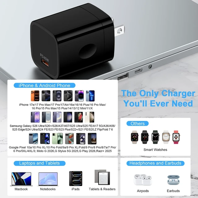 Alt view image 7 of 7 - 45W Super Fast Charger for Samsung Galaxy Z Fold 8 Ultra 7 6/Z Flip 8 7 FE A37/S26 Ultra/A36/S25 FE/A17/A16,Moto Razr+2026 Edge 70 Pro+ G Stylus 2026,USB Type C Fast Charging Block with 6FT USBC Cable