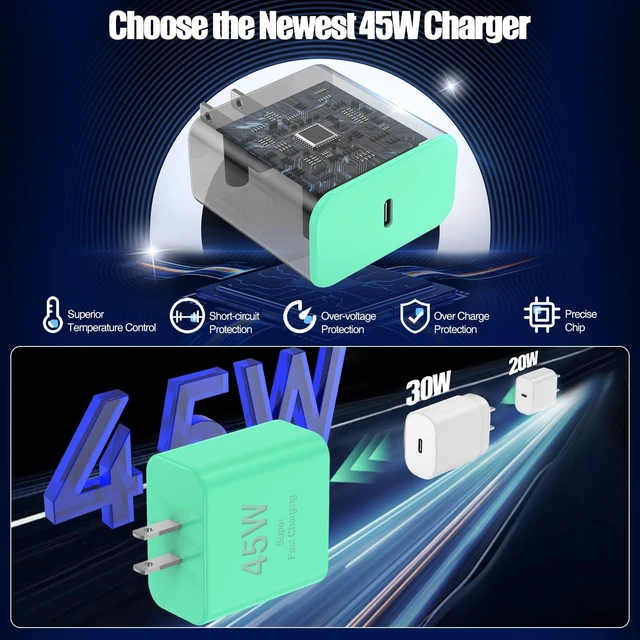 Alt view image 4 of 7 - 45W Super Fast Charger Type C for Samsung Galaxy S25/S24/S23 Ultra | USB C Android Phone Charger with 6FT/10FT Type C Cords for Galaxy S25/S24/S23+/S22 Plus/S20,iPhone 17/16/15 Pro Max-Green
