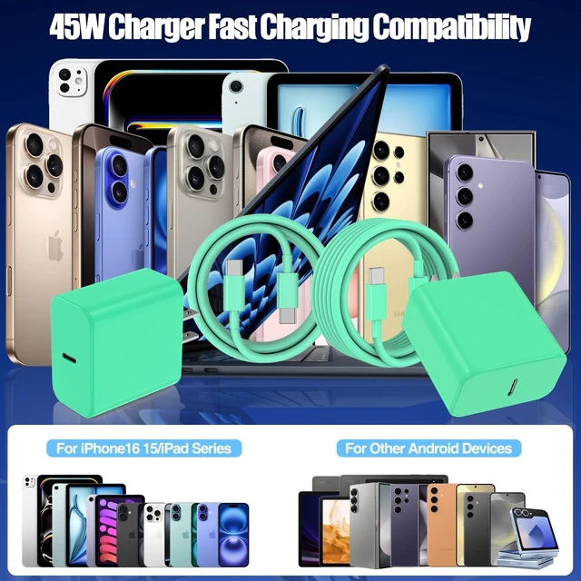 Alt view image 7 of 7 - 45W Super Fast Charger Type C for Samsung Galaxy S25/S24/S23 Ultra | USB C Android Phone Charger with 6FT/10FT Type C Cords for Galaxy S25/S24/S23+/S22 Plus/S20,iPhone 17/16/15 Pro Max-Green
