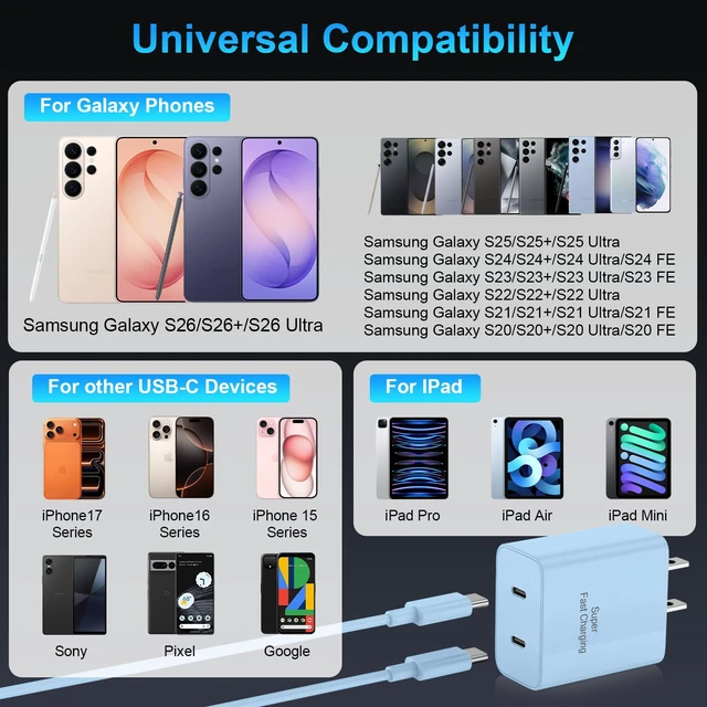 Alt view image 2 of 7 - iPhone 18 17 16 15 Charger Fast Charging, 45W Dual USB C Phone Charger Block with 10FT Long Type C Cable Cord for Apple iPhone Duo/18/17/17 Air/16 Pro/16 Pro Max/15 Plus/15 Pro/iPad/S26 Ultra(Blue)
