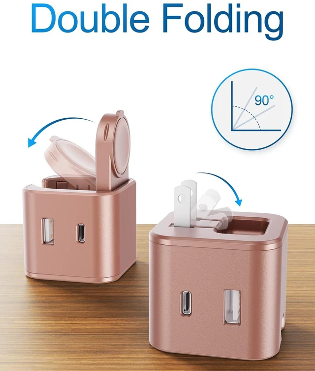 Alt view image 2 of 6 - BeaSaf 36W for Apple Charging Block with Built-in Watch Charger, Foldable PD Fast Charger Block for iPhone, Dual Ports Wall Charger Compatible with Apple Watch iPhone AirPods(Rose Gold)