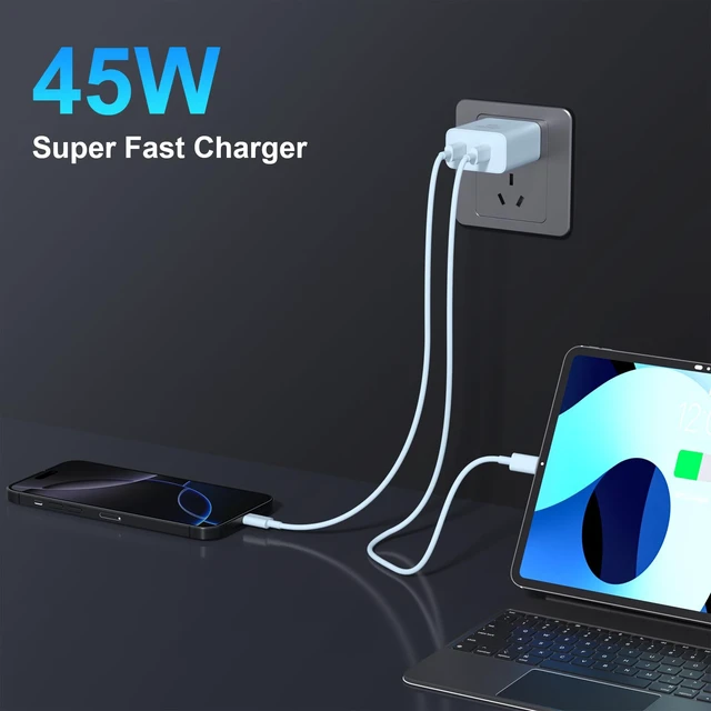 Alt view image 5 of 7 - iPhone 18 17 16 15 Charger Fast Charging, 45W Dual USB C Phone Charger Block with 10FT Long Type C Cable Cord for Apple iPhone Duo/18/17/17 Air/16 Pro/16 Pro Max/15 Plus/15 Pro/iPad/S26 Ultra(Blue)