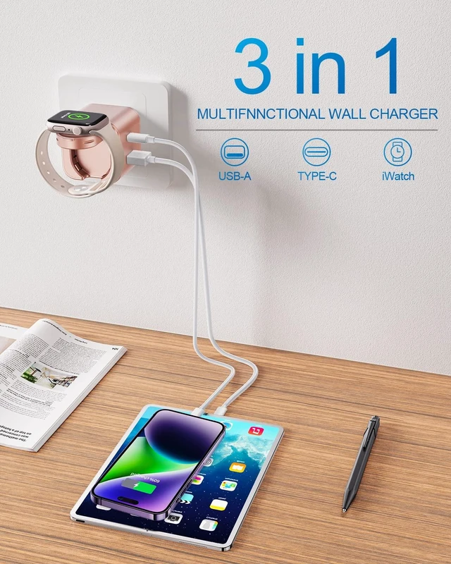 Alt view image 3 of 6 - BeaSaf 36W for Apple Charging Block with Built-in Watch Charger, Foldable PD Fast Charger Block for iPhone, Dual Ports Wall Charger Compatible with Apple Watch iPhone AirPods(Rose Gold)