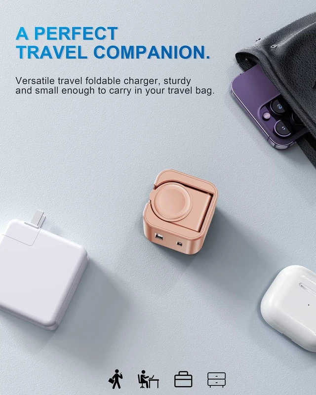 Alt view image 5 of 6 - BeaSaf 36W for Apple Charging Block with Built-in Watch Charger, Foldable PD Fast Charger Block for iPhone, Dual Ports Wall Charger Compatible with Apple Watch iPhone AirPods(Rose Gold)