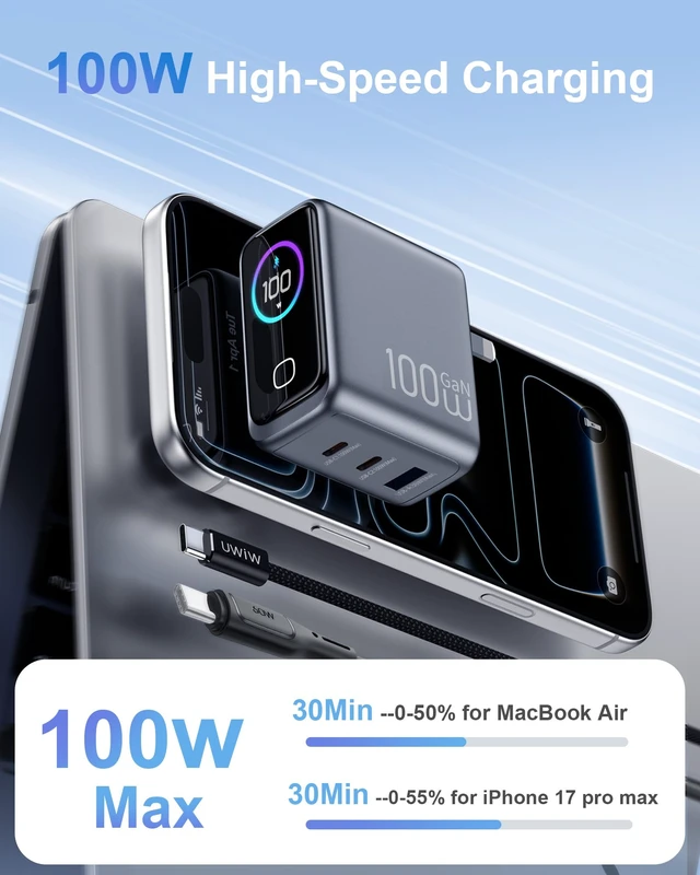 Alt view image 2 of 7 - 100W Max USB C Charger with Smart Display for iPhone 18 MacBook GaN Charger | Ultra-Compact 3 Port Fast Charger with Touch Control for iPhone 18 Pro/17/16, iPad, Laptop, MacBook Pro, Air, Steam Deck