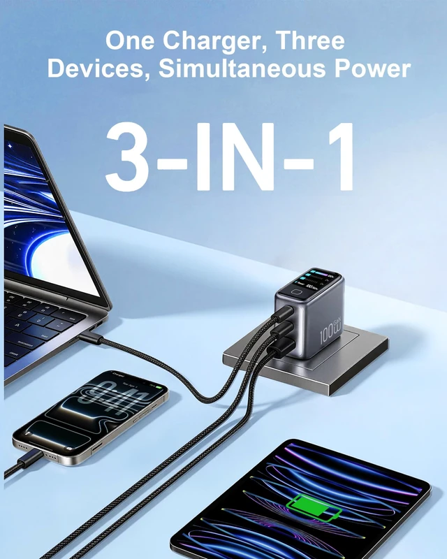 Alt view image 5 of 7 - 100W Max USB C Charger with Smart Display for iPhone 18 MacBook GaN Charger | Ultra-Compact 3 Port Fast Charger with Touch Control for iPhone 18 Pro/17/16, iPad, Laptop, MacBook Pro, Air, Steam Deck