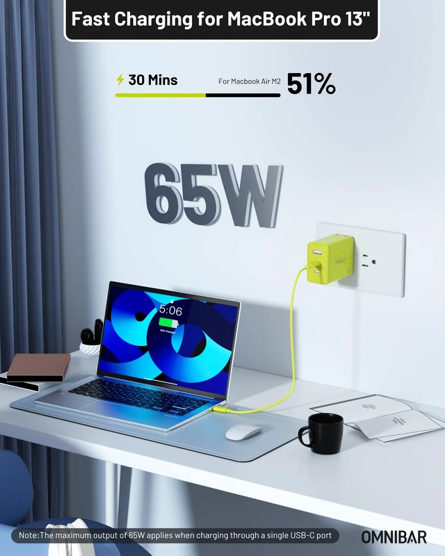 Alt view image 2 of 7 - Omnibar 65W USB C Charger Block, 3-Port GaN Fast Wall Charger, Green | 2 USB-C & 1 USB-A, Foldable Plug, Type C Charger Fast Charging, for iPhone 18/17/16, Galaxy S26/S25, iPad, MacBook & Cameras